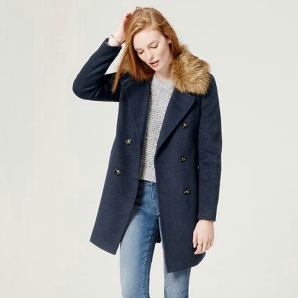 LOFT Jackets & Blazers - LOFT Navy Wool Coat Faux Fur Collar XL